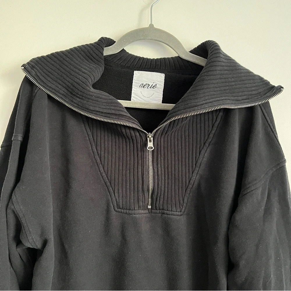 Aerie Down to Earth Soft Black Cotton Ribbed Quarter Zip Pullover Sweatshirt M - Picture 2 of 11